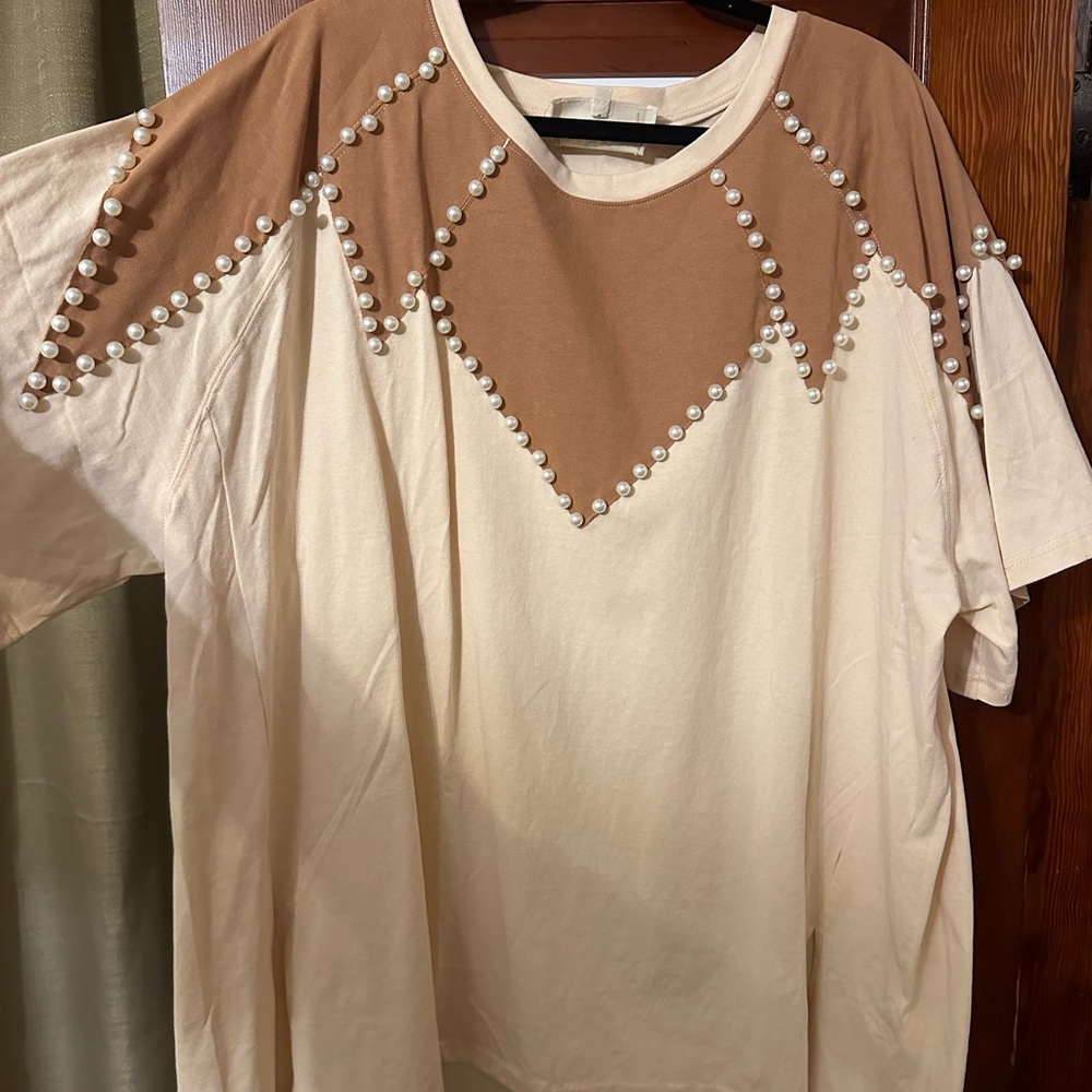 Two tone beige oversized shirt with pearls
